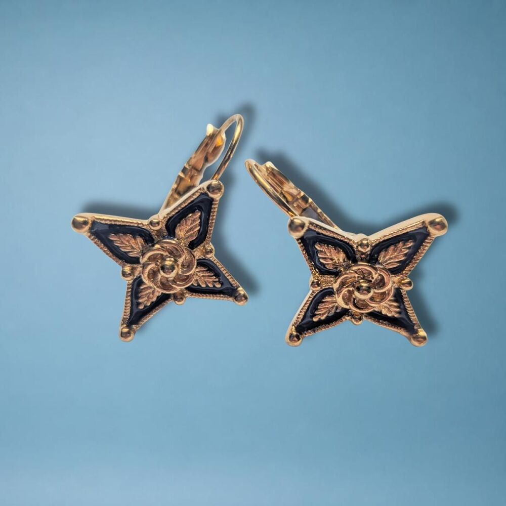 Vintage Avon Smithsonian Collection Star Earrings with Black Enamel Floral Desig